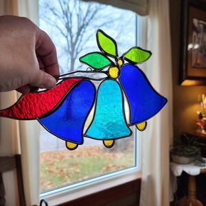 Holiday Stained Glass Christmas Bells Ornament Blue Red Green Vintage